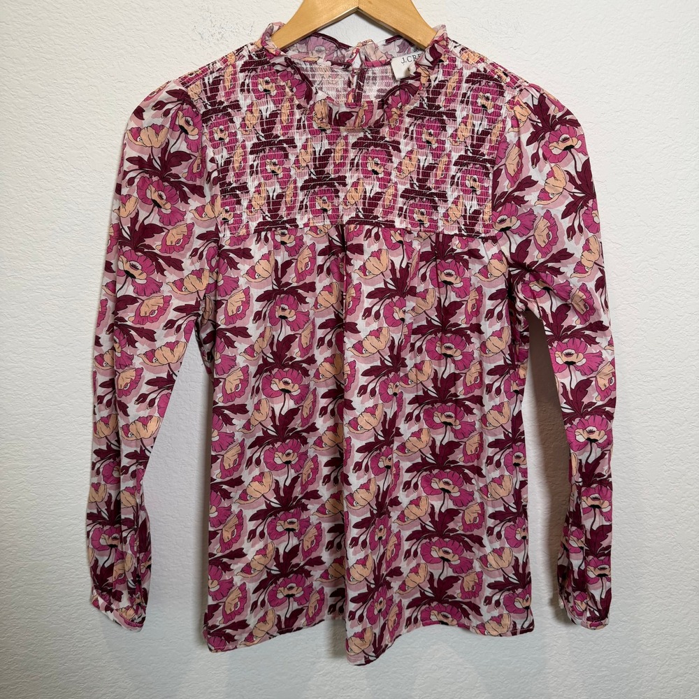J.Crew Liberty Fabric Floral Smocked Blouse Pink Purple Poppy XS Long Sleeve Top
